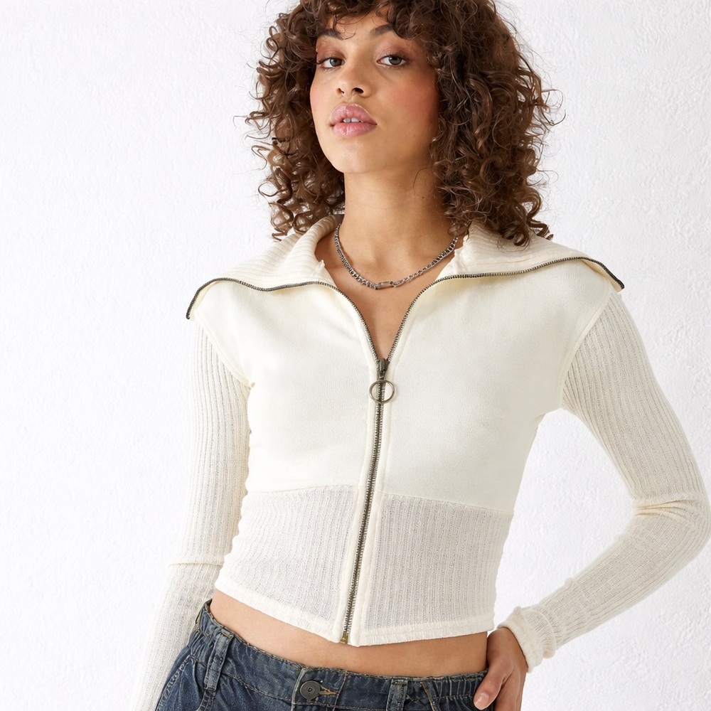 Bdg Urban Outfitters Lottie Zip Sweater Top Cropped Knit Collar Ivory Size Large